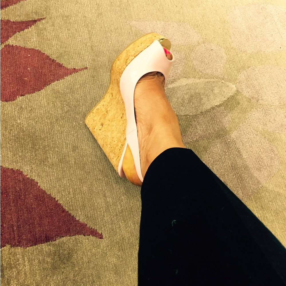 JIMMY CHOO Praise patent-leather wedge slingback sandals